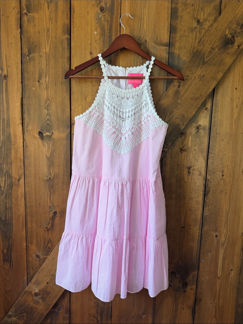 Girls Pink Crochet Yoke Tiered Sundress